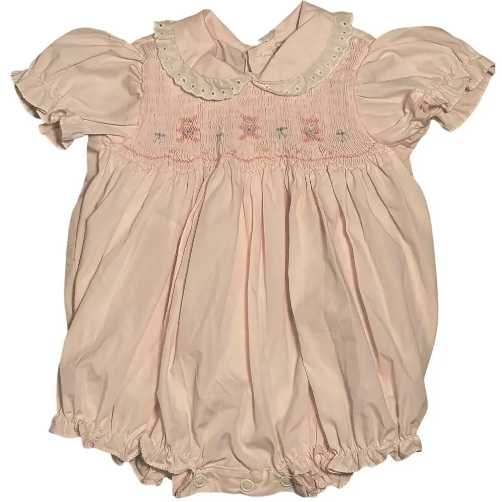 VTG 70s Baby Girl Pink Smocked Romper Teddy Bear Puff Sleeve Cottage Coquette